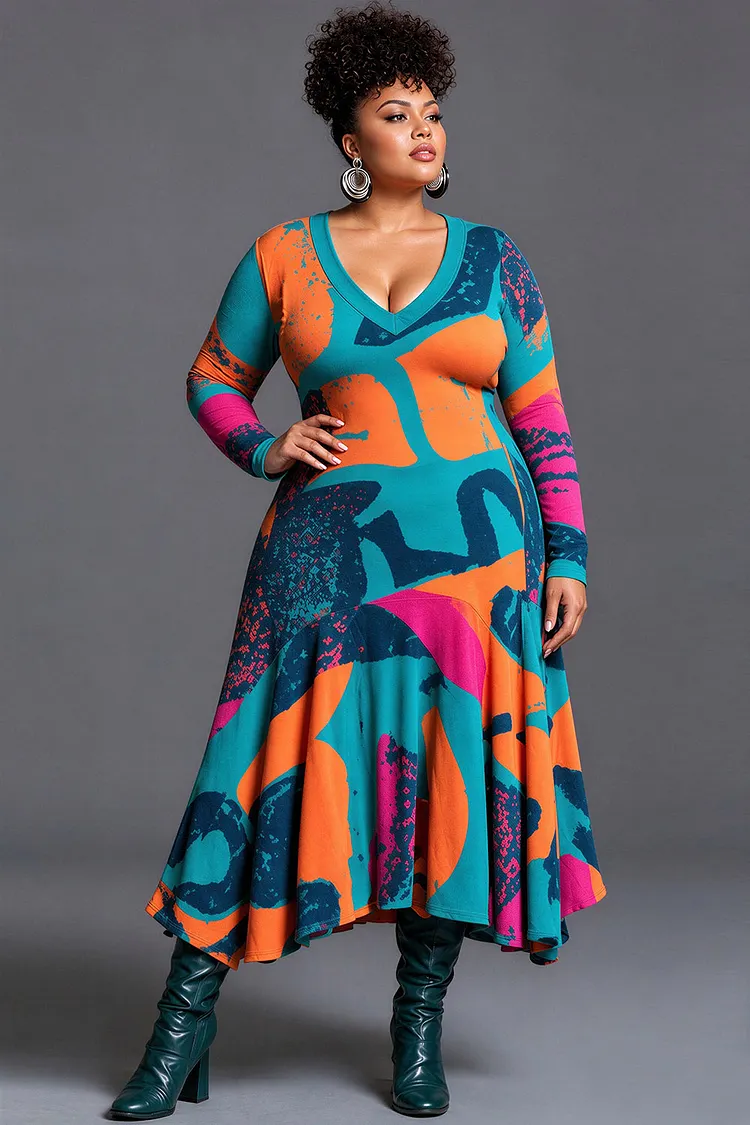 Xpluswear Design Plus Size Daily Multicolor All Over Print V Neck Long Sleeve Midi Dresses [Pre-Order] 2024 - Xpluswear