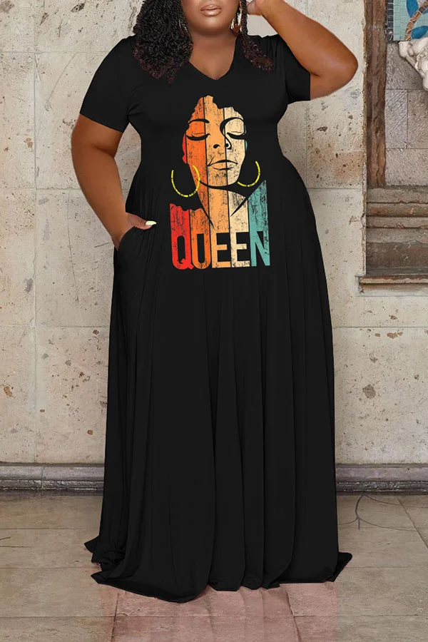 V Neck Portrait Print Swing Maxi Dress