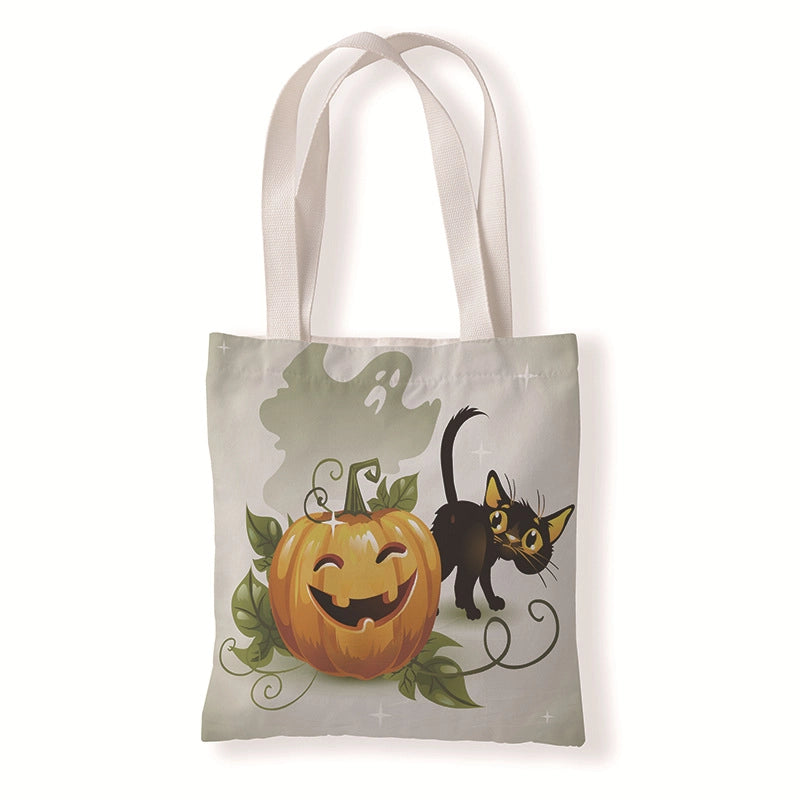 Halloween Women’s Medium Canvas Pumpkin Cat Streetwear Square Open Canvas Bag