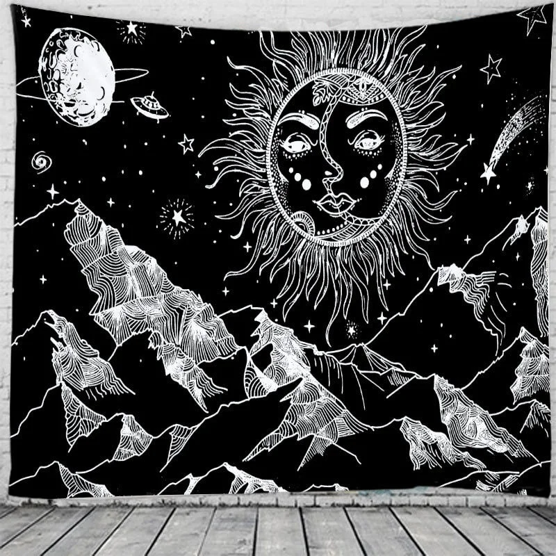 White Black Sun And Moon Tapestry Gossip Tapestries Mandala Tapestry Wall Hanging Hippie Wall Rugs Dorm Decor Blanket 95x73cm