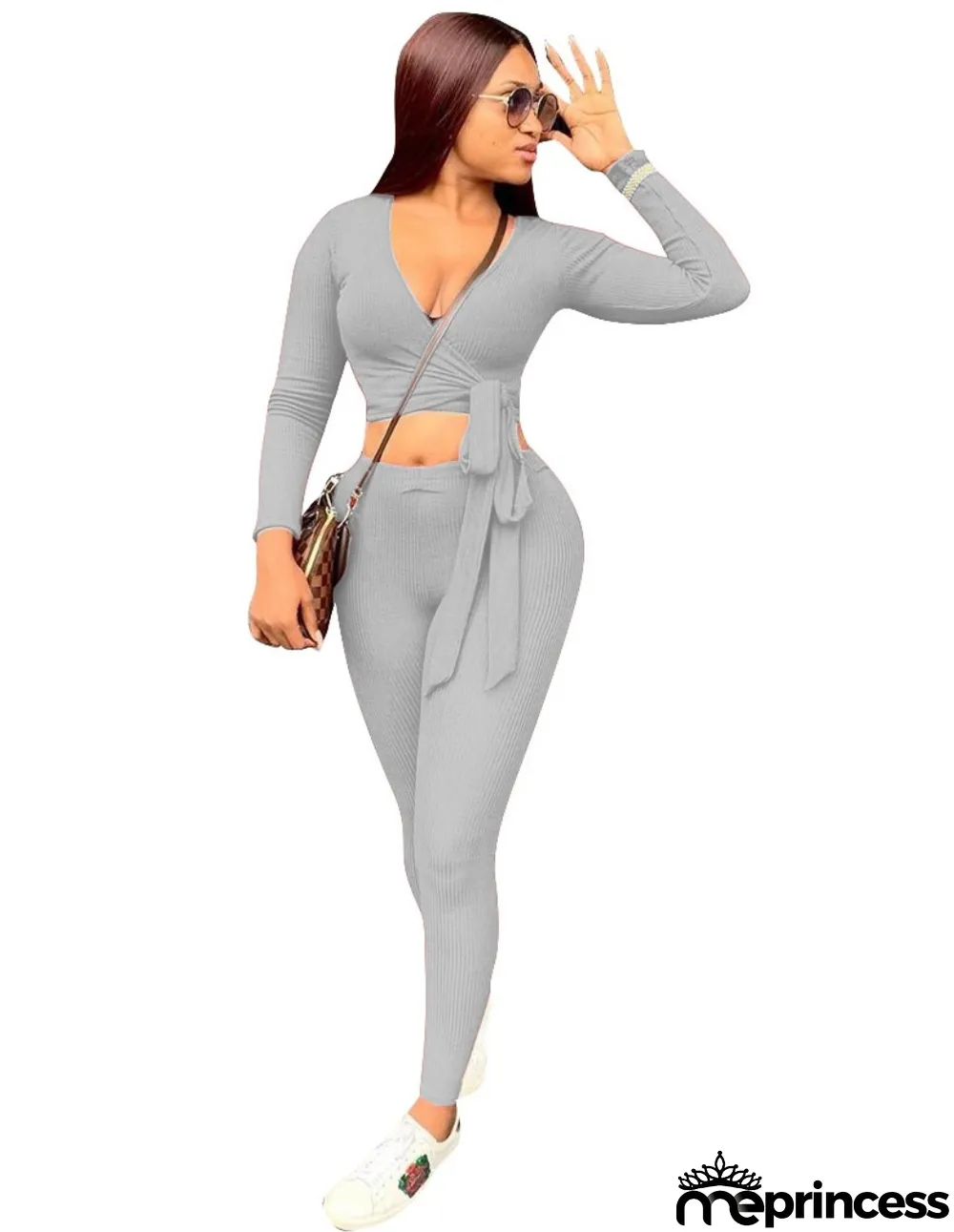 Autumn Two Piece Matching Sexy Wrapped Crop Top and Pants Set
