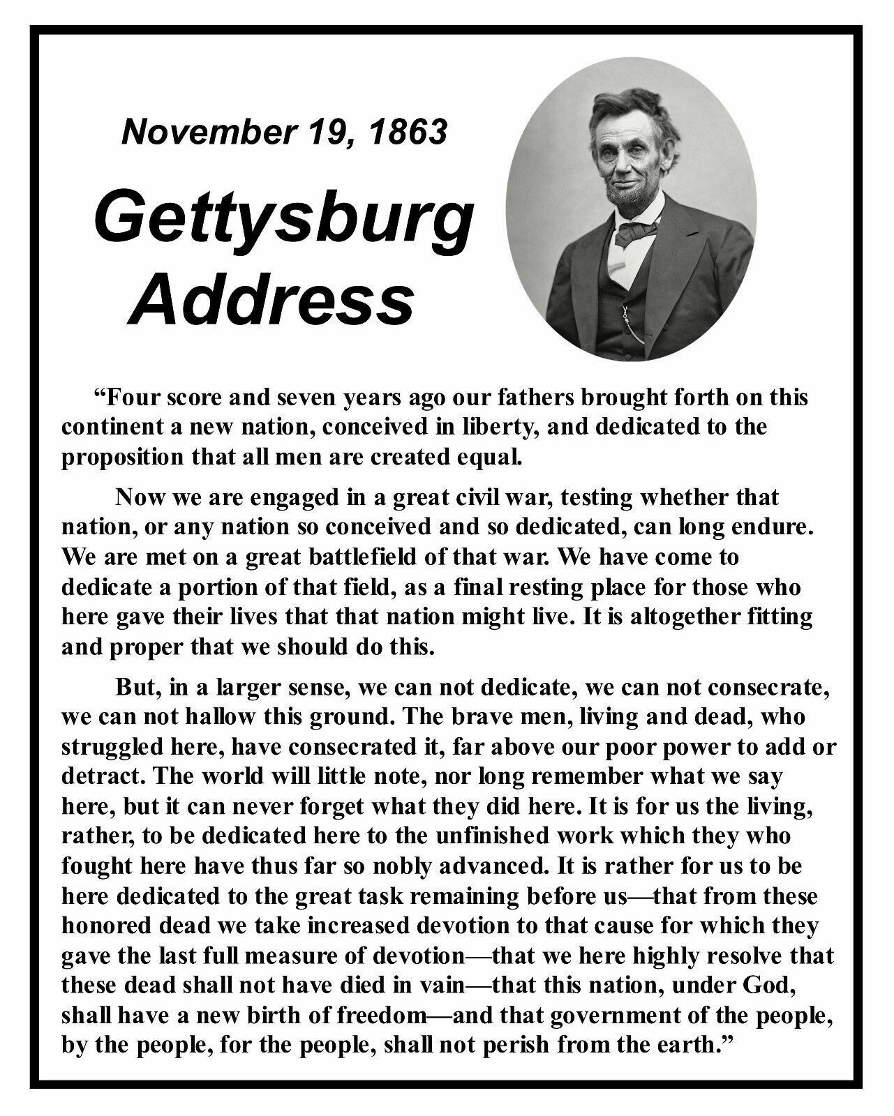 PRESIDENT ABRAHAM LINCOLN ABE GETTYSBURG ADDRESS 8.5X11 Photo Poster painting PICTURE REPRINT