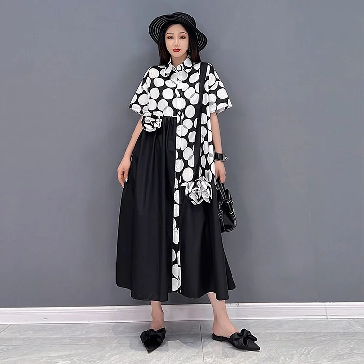 Fashion Loose Turn-down Collar Dot Print Flower Decor Single Breasted Short Sleeve Dress 