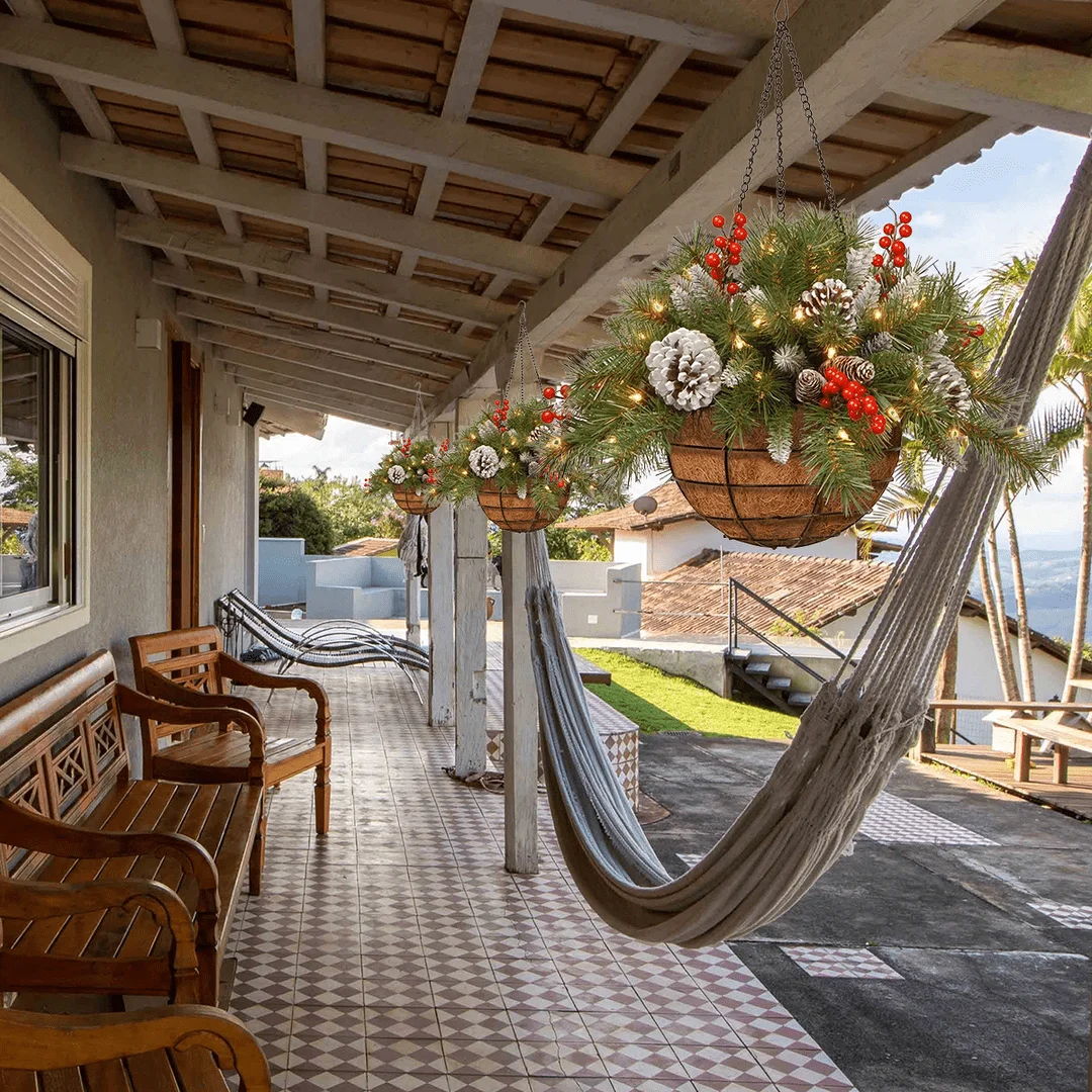 DazzlingTM Pre-lit Artificial Christmas Hanging Basket - Flocked with Mixed Decorations and White LED Lights - Frosted Berry