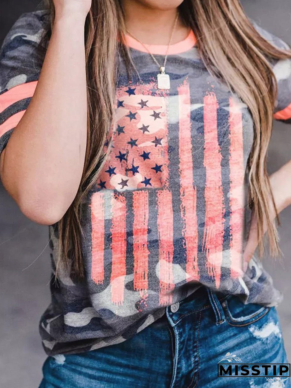 Retro Camo print Flag Graphic T-shirt