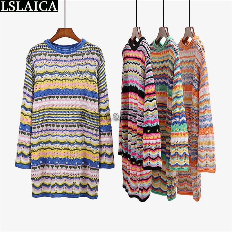Wholesale Items Women's Fashion Summer 2021 Long Sleeve Dresses for Women Party Rainbow Striped Casual Dress Sweet Mini Robe