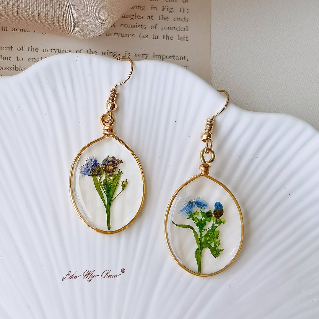Forget Me Not Pressed Flower Oval Earrings