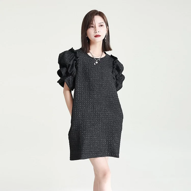 Chic Loose Texture O-neck Ruffle Short Sleeve Mini Dress      