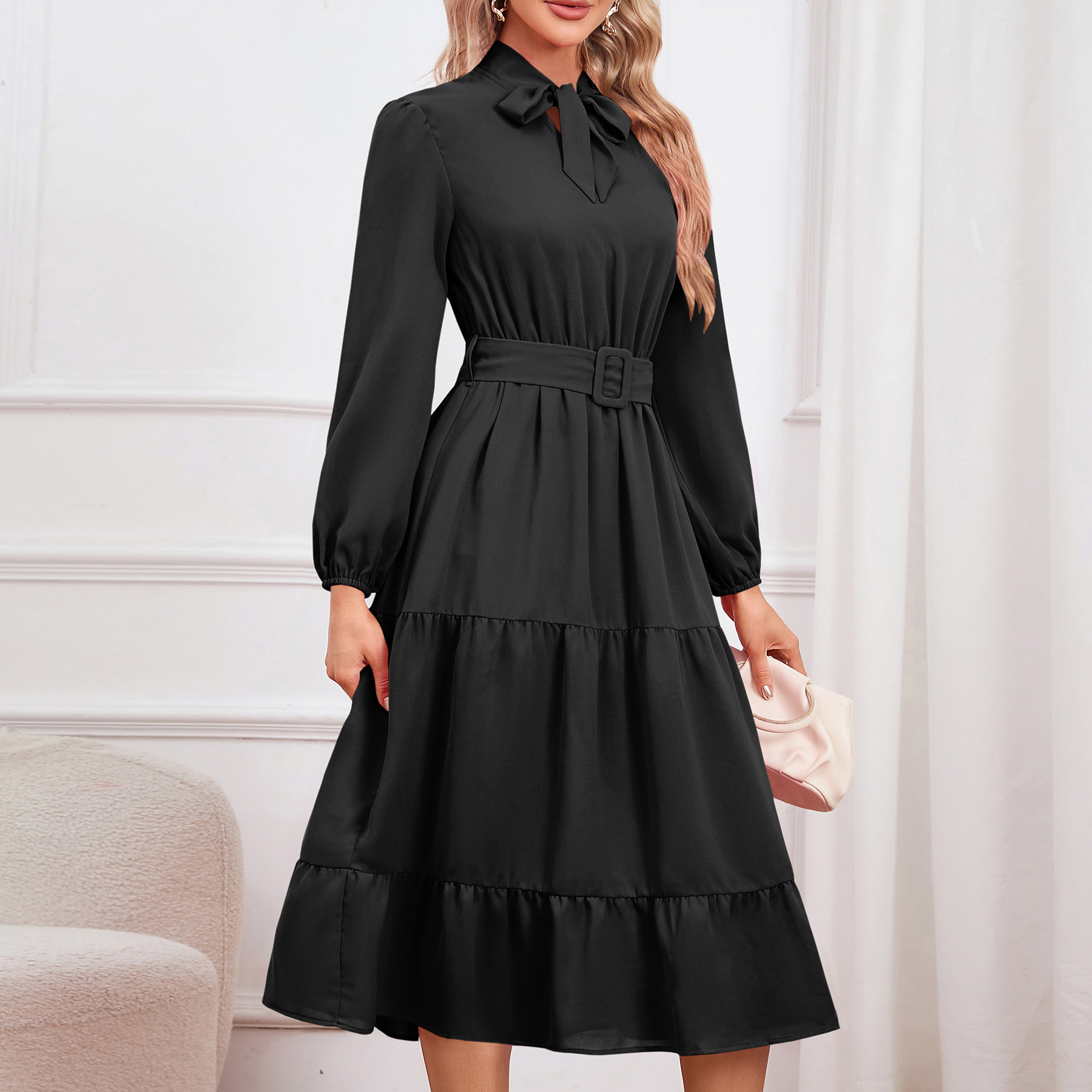 Mature Women's Slim-fit Elegant Tied Cake A- Line Dress