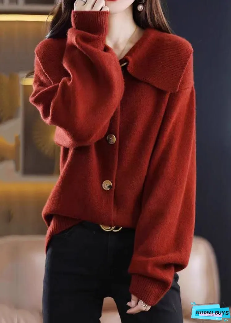 Stylish Red Peter Pan Collar Button Solid Knit Cardigan Fall