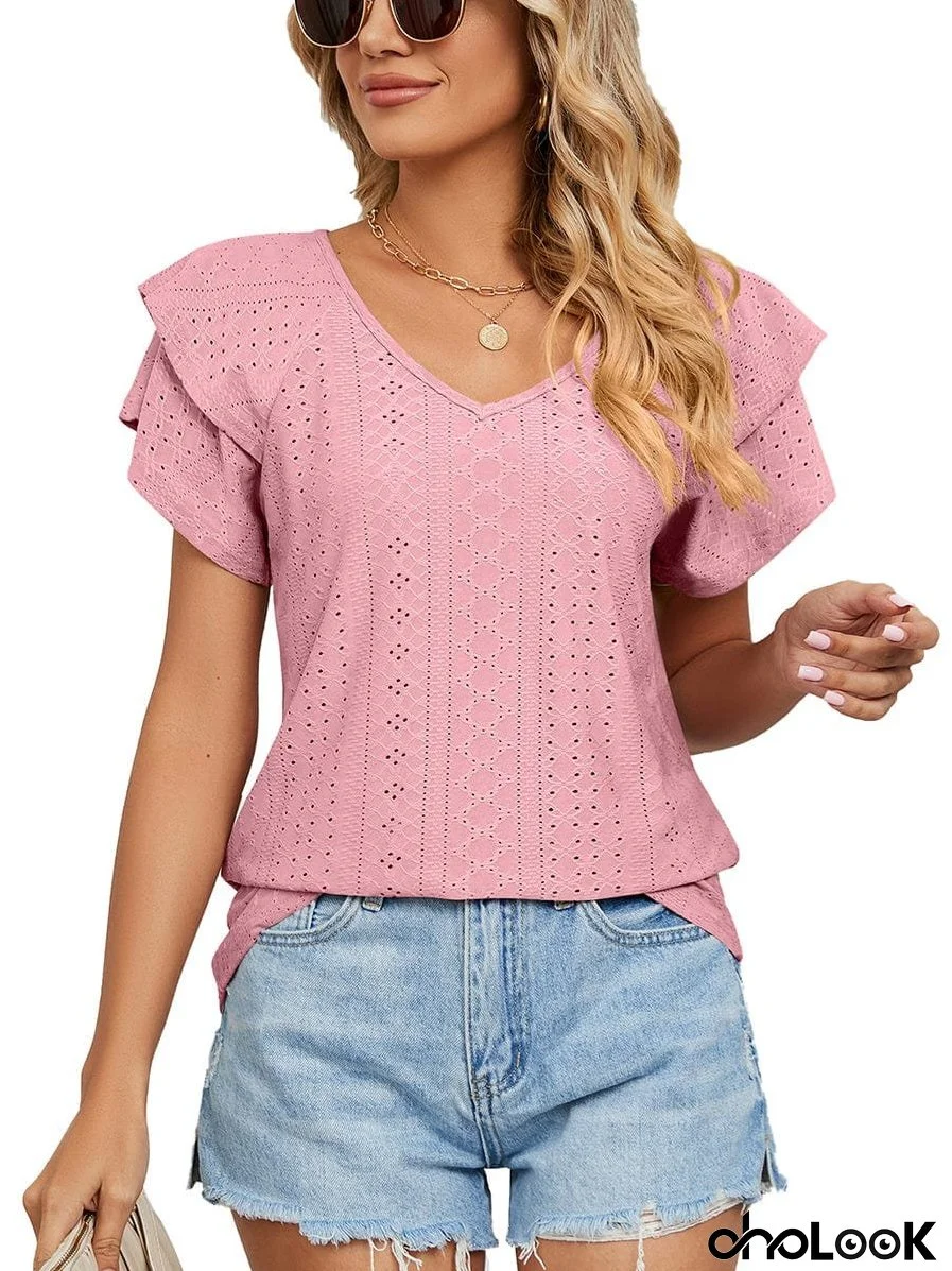 Solid Color V-Neck Loose Short Sleeve Double Sleeve T-Shirt