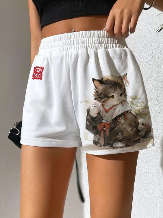 Women's Kimono Cat Art Print Elastic Waist Shorts