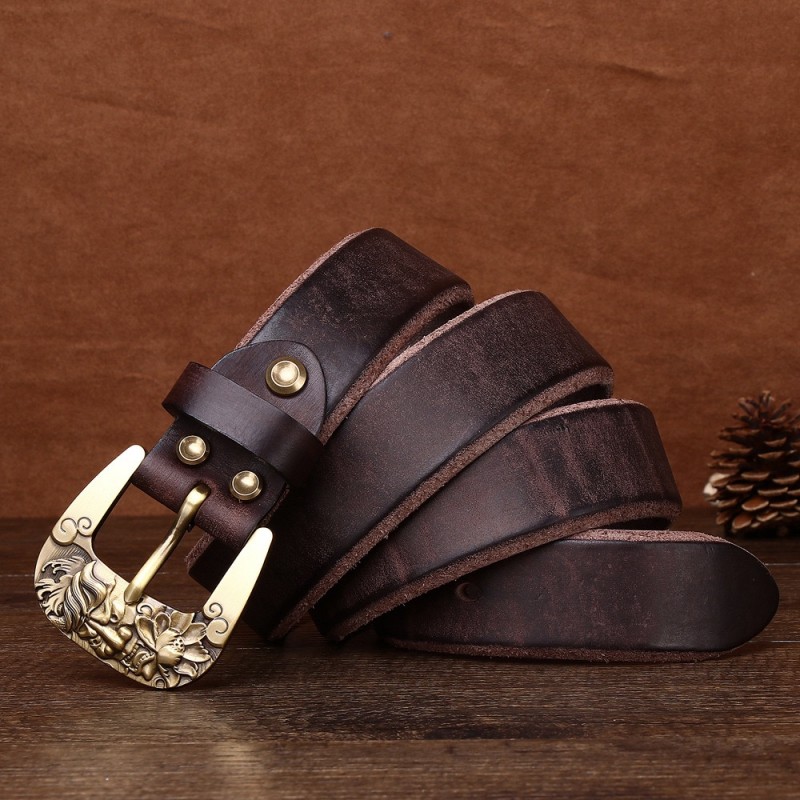 5.5mm Rare Super Thick Men's Head Layer Cowhide Copper Buckle Lotus Pattern Vintage Style Belt DANRRIO.COM DANRRIO