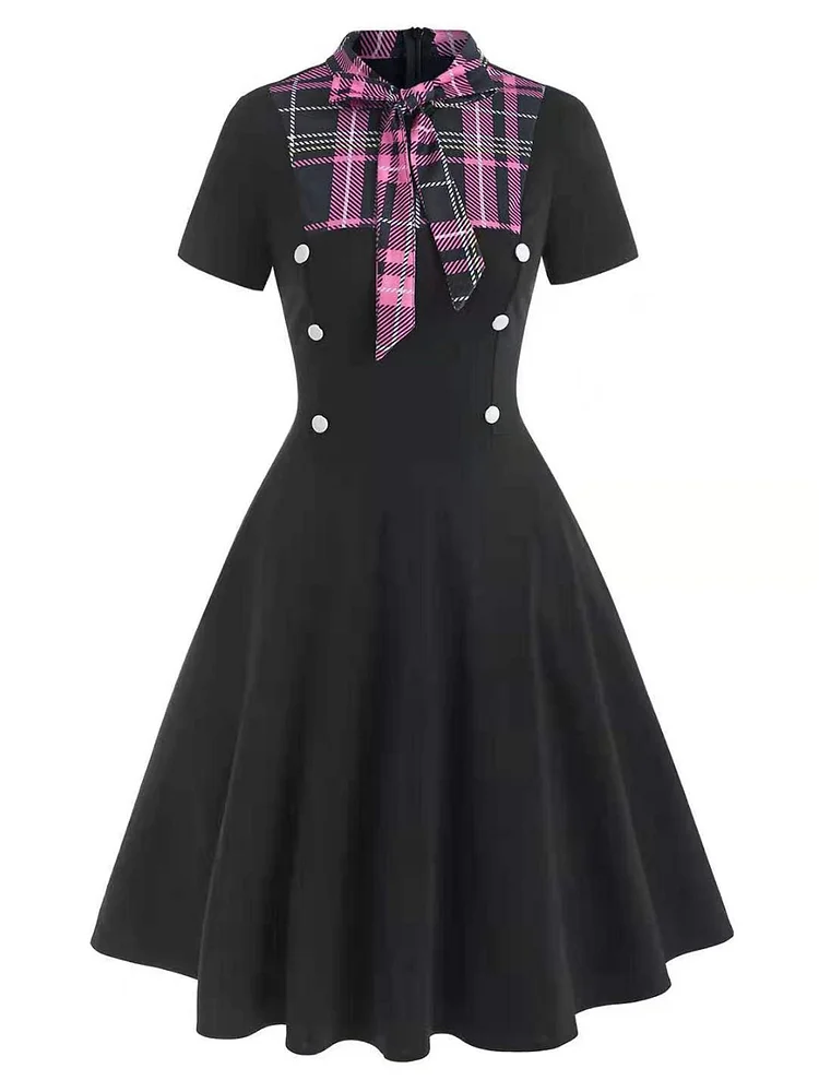 1950s Plaid Patchwork Bowknot Dress