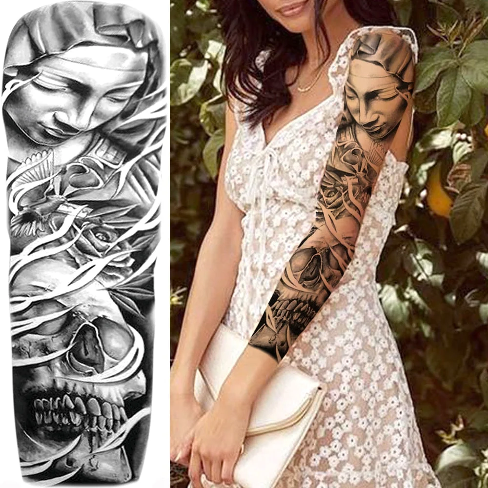For Men Women Body Art Full Arm Sleeve Black Flower Tatoo Water Transfer Fake Tattoo Stickers Large Compass Temporary Tattoos