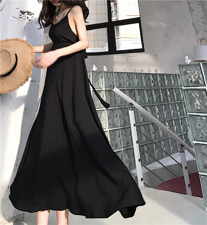 Women Summer Dress Sexy Spaghetti Strap Backless Back Belt Long Dress Retro Temperament Strapless Chiffon Dress Female Vestidos