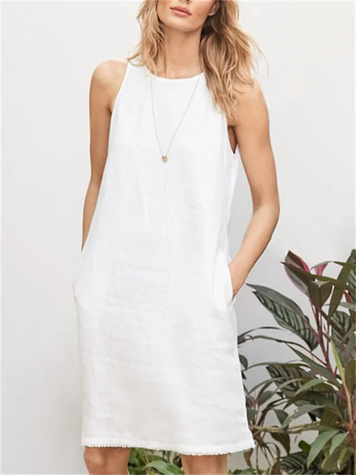 Women's Fashion Solid Color Sleeveless Cotton Linen Round Neck Loose Waist Pocket Tassel Undershirt Urban Style A-line Dress Dress