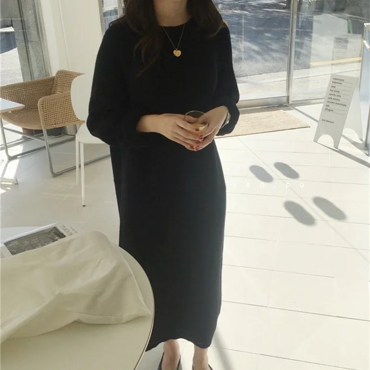 Woherb New 2020 Women's Autumn Winter Dresses Vintage Korean Style Knitting Elegant Oversized Pure Lady Long Dress DR1124