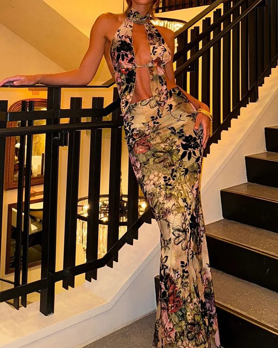 Halter Neck Top and Skirt Print Two Piece Set