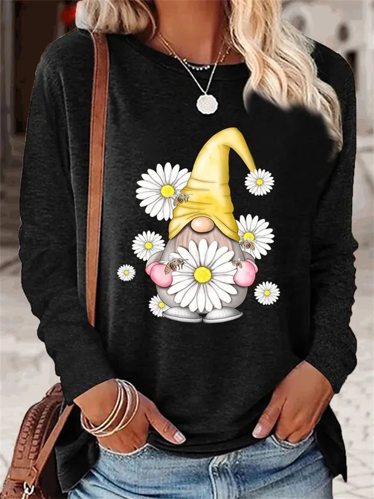 Womens Gnome Daisy Bee Print Crew Neck Casual Top