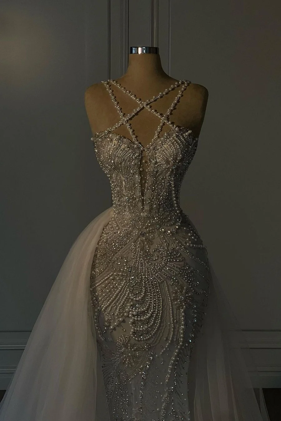 Heavy Wedding Dress Long Mermaid V Neck Spaghetti Strap With Beadings YL0335