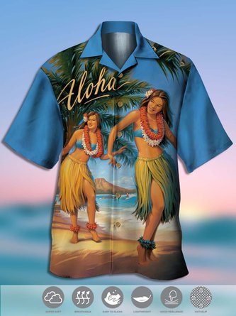 Men's Ocean Coconut Tree Print Casual Short Sleeve Shirt