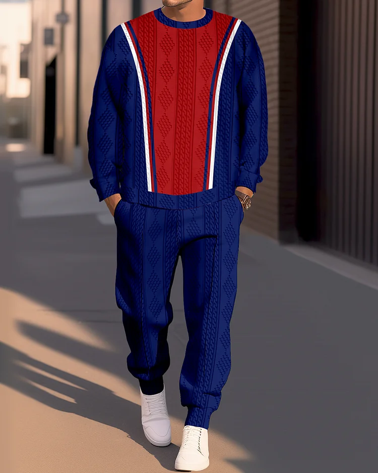 Men's Textured Jacquard Round Neck Casual Sports Set  015