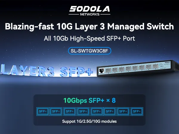SODOLA 8 Port 10G L3 Managed Switch, 8X10G SFP+ Interface, Link