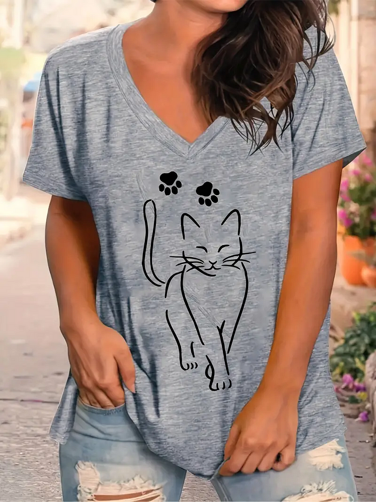 AL™ Cartoon Cat Print T-Shirt,Gifts For Nature Lover V Neck Short Sleeve Tee T-shirt-Annaletters