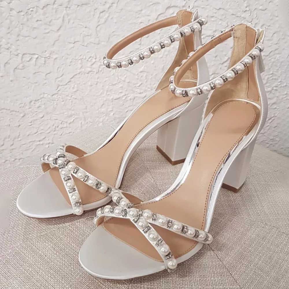 White Satin Sophisticated Pearl Embellished Ankle Strap Block Heeled Sandals    Nicepairs