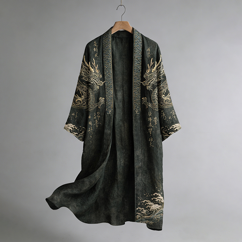 Japanese Vintage Dragon Waves Art Flowy Linen Long Kimono elevenforest