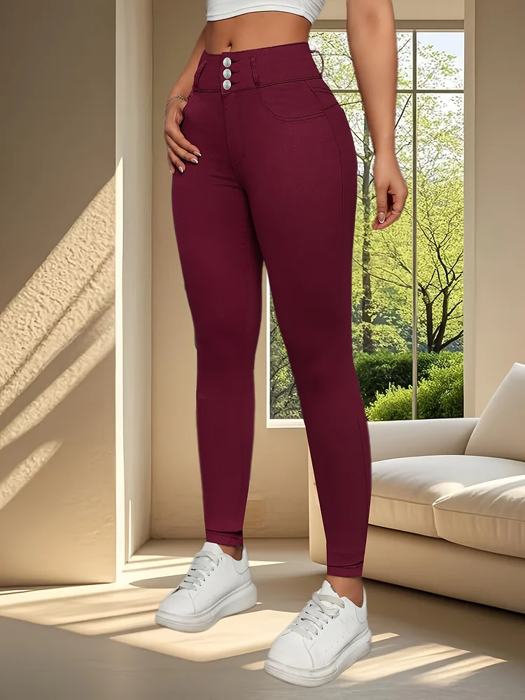 Women's Elegant High-Waist Stretch Wine Red Jeans - Slim Fit Tummy Control Booty Lift With Three-Row Button Fly, Glossy Finish Casual Weekend Pants For All-Season Wear, High Waist Jeans, Smooth Texture Fabric