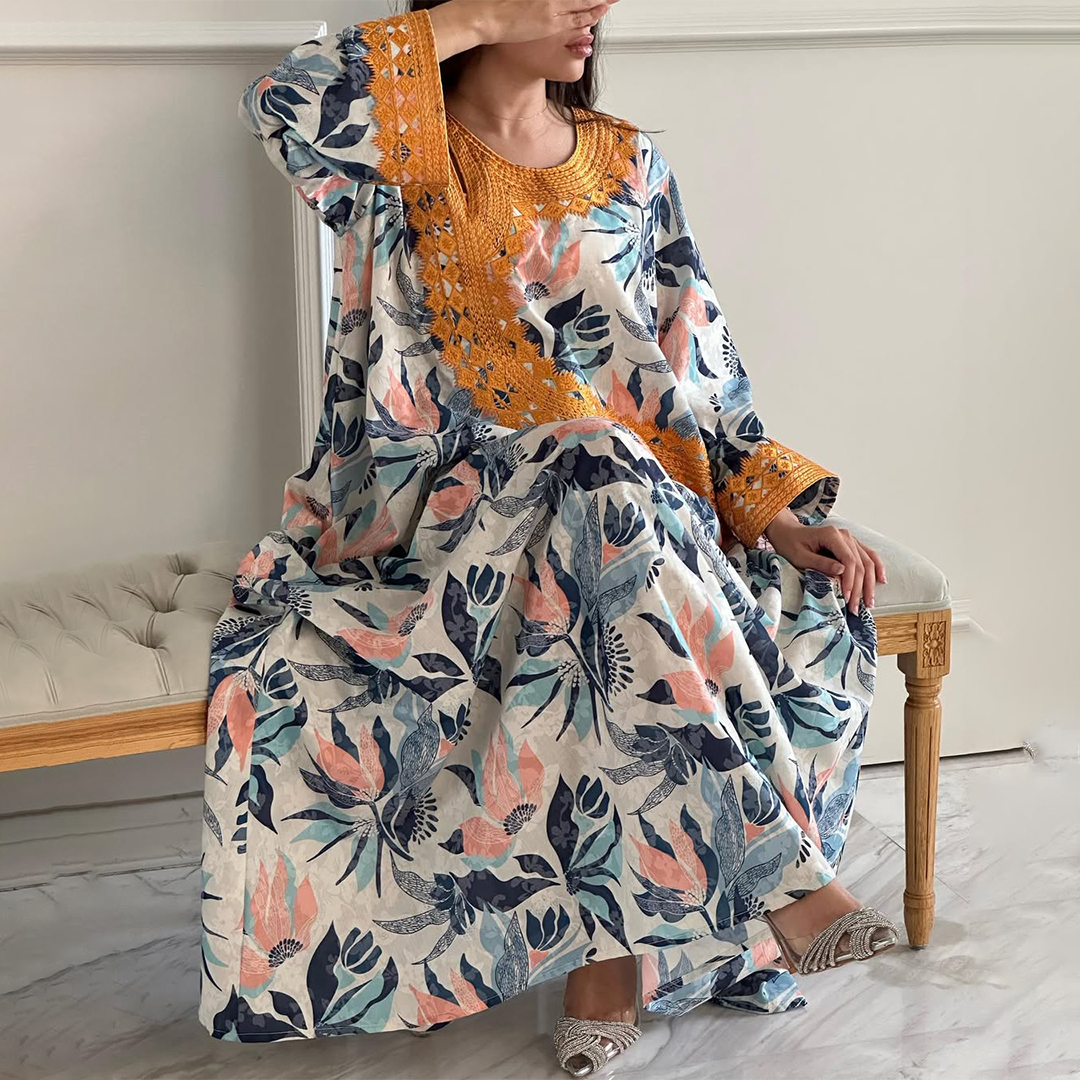 Women's Middle Eastern Tropical Floral Print Jalabiyas Dress