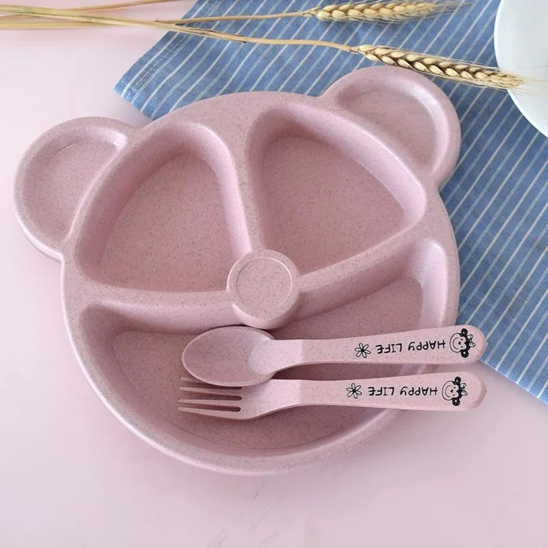 3Pcs/Set Baby Tableware Set Cute Cartoon Feeding Dishes Kids Fruit Plates Dinner Bowl Spoon Fork Children Training Dinnerware