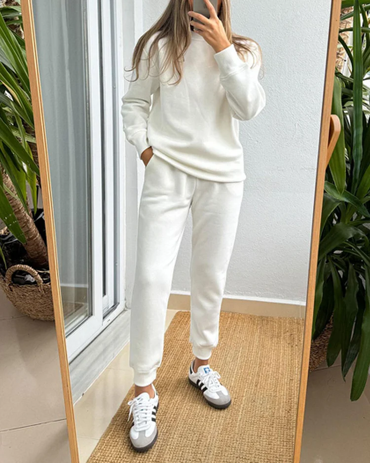 Casual Solid Color Crew Neck Top & Pants Two-piece Set