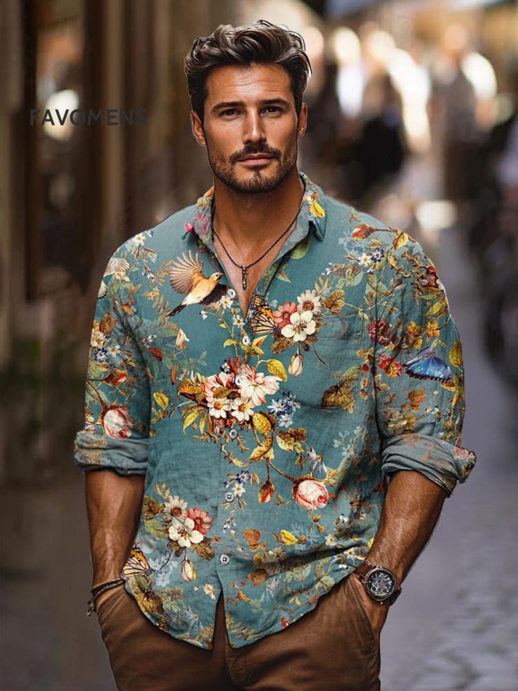 Vintage Floral Art And Birds Stripe Print 100% Cotton Long Sleeve Shirt Multicolor / S