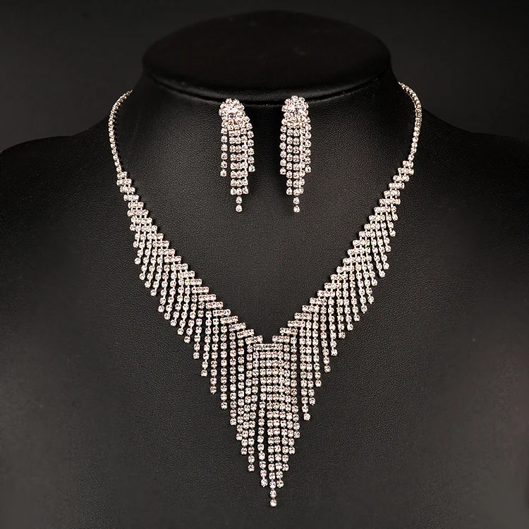 Rhinestone Fringe Necklace Earrings Set Jw001