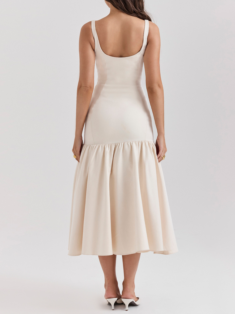 Ootddress White Ruffled Patchwork Maxi Dress Female Fashion Slim High Waist Backless Pleated Summer Strapless Female Long Dress 2025