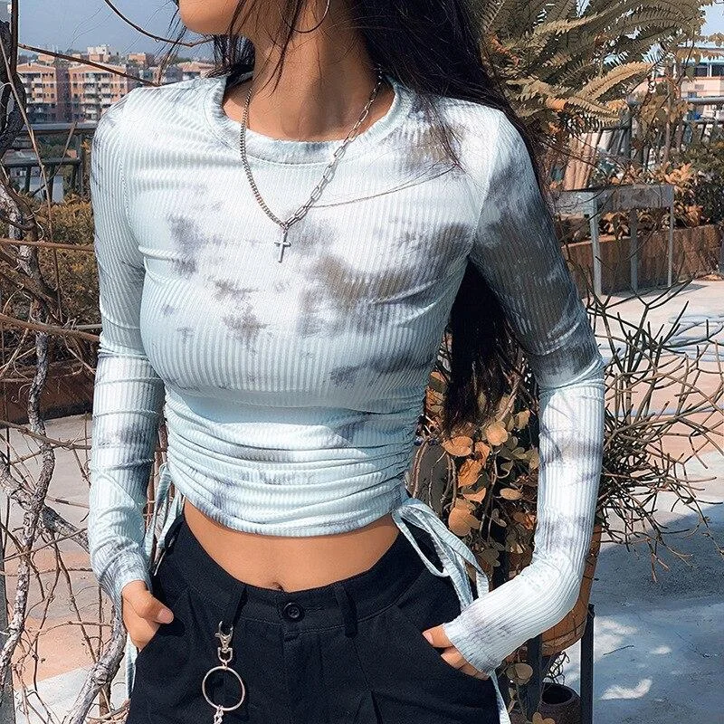 Back To College Articat Tie Dye Printed Ribbed T Shirt Women Long Sleeve Drawstring Bodycon Crop Tops Srping Ladies Skinny Clothes Streetwear