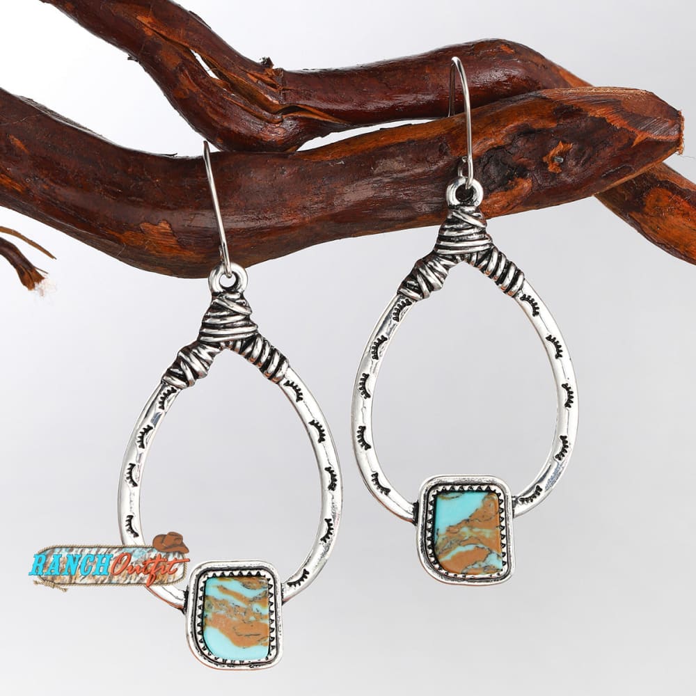 Vintage Earrings Boho Turquoise Ethnic Jewelry Western Cowgirl Engraving Hoop Earring