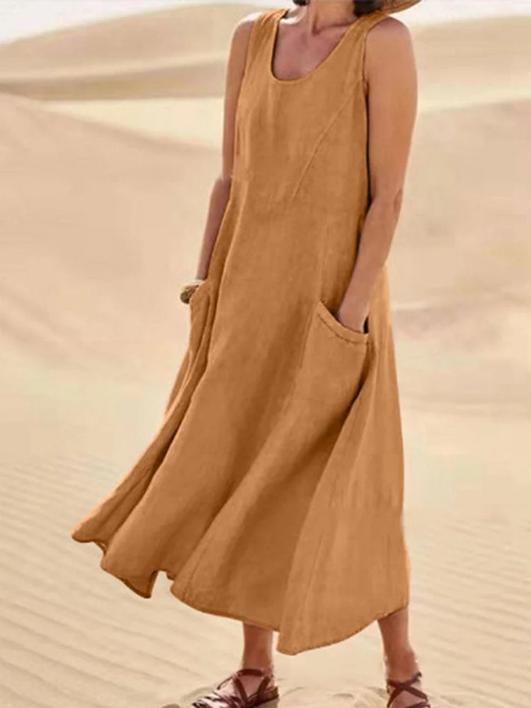 Women Sleeveless Sundress Elegant Round Neck Cotton Linen Solid Long Tank Casual Summer Dress