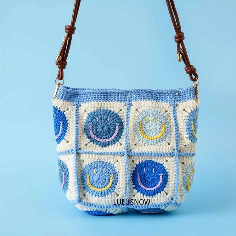 Lulusnow Handmade Blue Classic Smiley Faces Small Shoulder Bag  Crochet Crossbody Bag