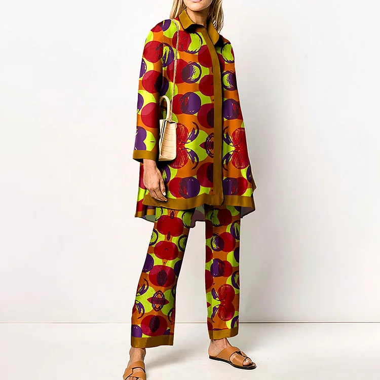 Lapel Multicolor Big Polka Dot Print Two Piece Set