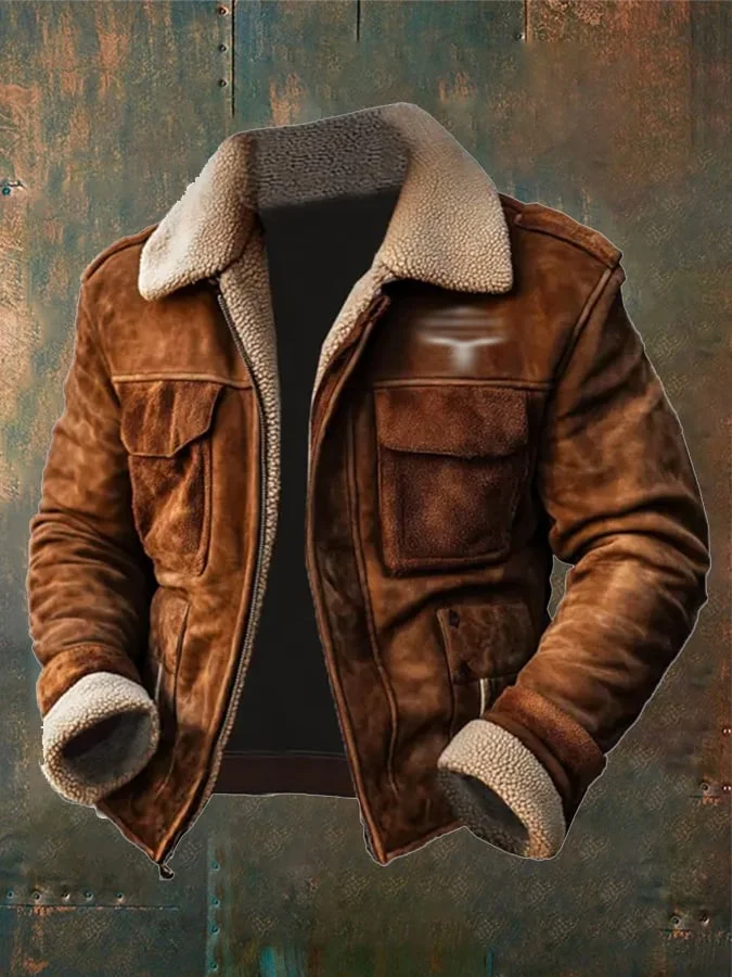 Men's Vintage Suede Patchwork Lamb Fleece Multi-Pocket Reverse Collar Outdoor Jacket