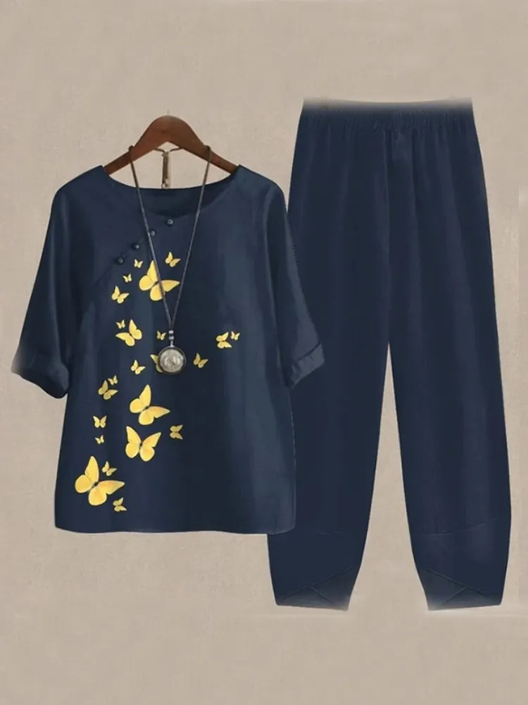 Women's Graphic Printed Half Sleeve Scoop Neck Two-Pieced Sets