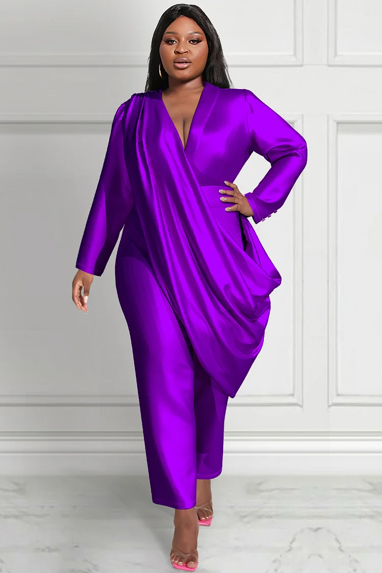 Xpluswear Design Plus Size Mother Of The Bride Jumpsuits Elegant Red Fall Winter Turndown Collar Long Sleeve Fold Satin Jumpsuits