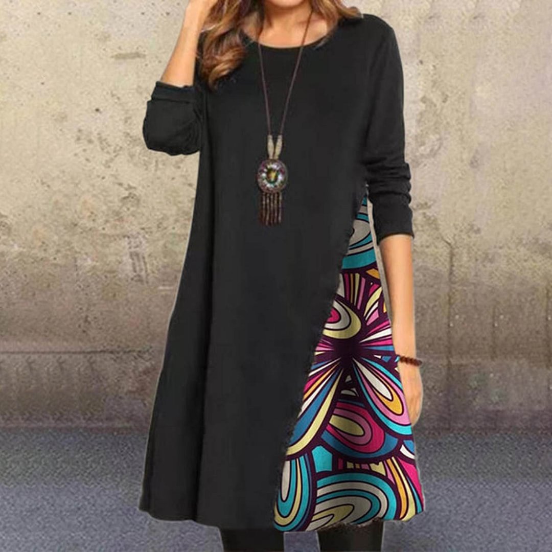 Round Neck Long Sleeve Patchwork Print Dress For Women MusePointer