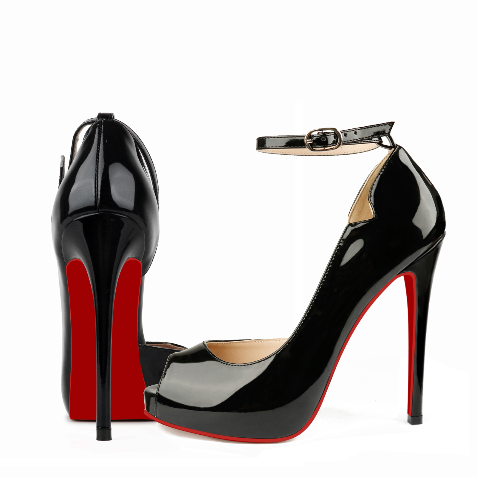 120mm Red Bottom Strap Platform Stilettos Pumps Round Chick Alta Patent Heels-MERUMOTE