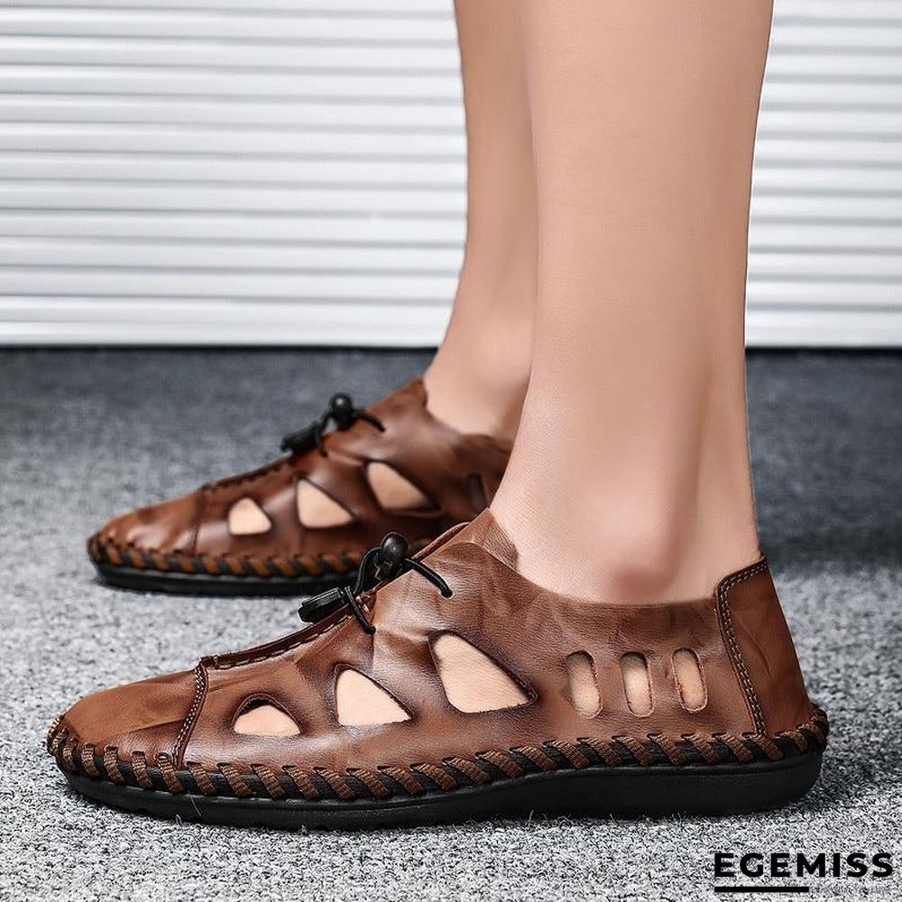 Men Breathable Genuine Leather Sandals Flats Fashion Casual Beach Shoes | EGEMISS