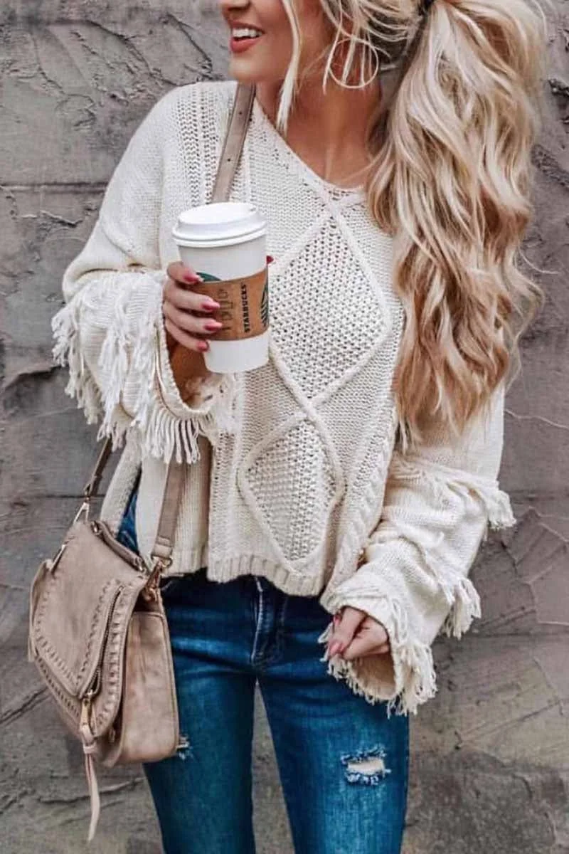 Solid Color Knitted Tassel Sweater